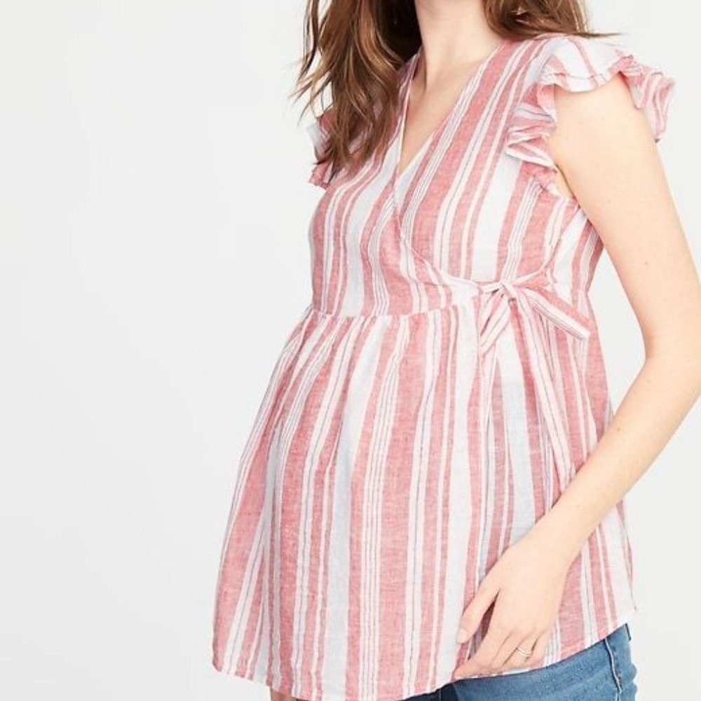 Maternity Ruffled Linen-Blend Wrap Top XS